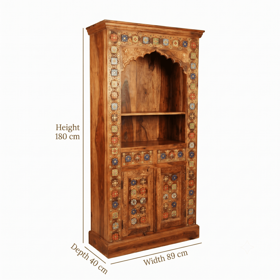 Luxury Sheesham Wood Prayer Shelf with Handcrafted Tiles & Storage