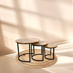 Round Nesting Table 3 Pieces Set with Wood Tops & Black Metal Frame | UAE