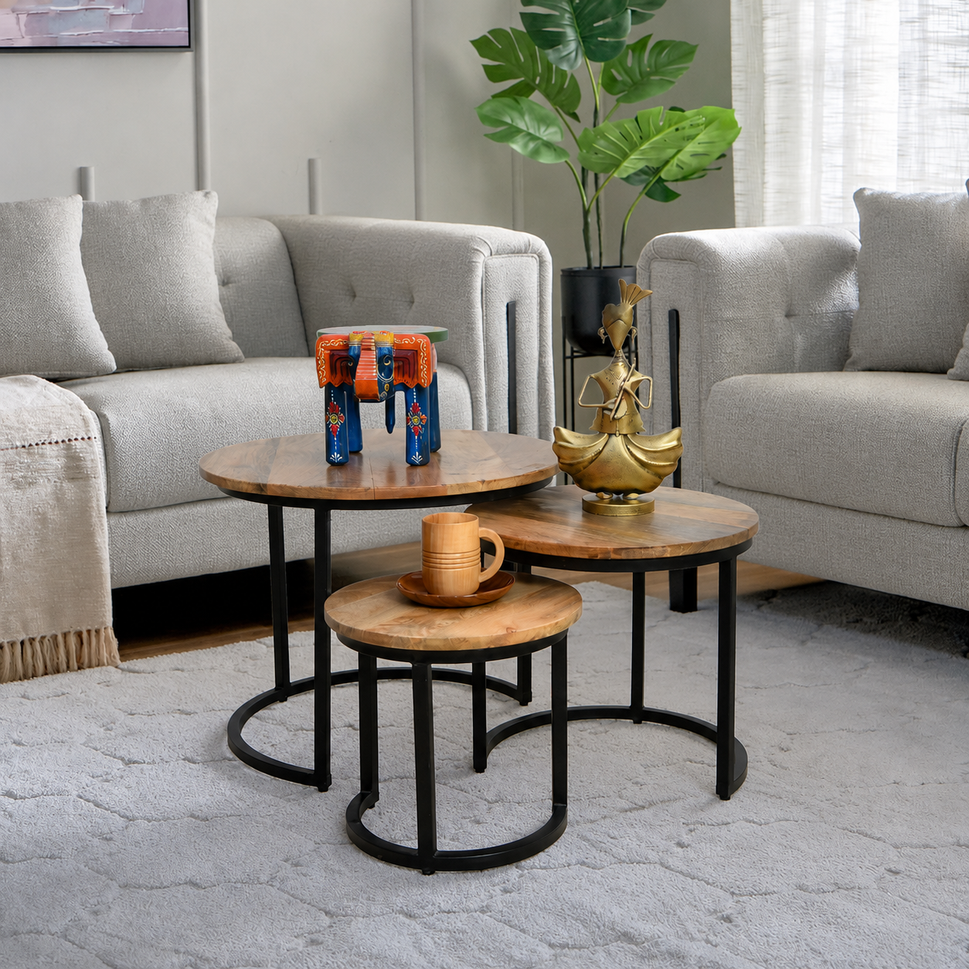 Velora round nesting side table mango wood set of 3 piece