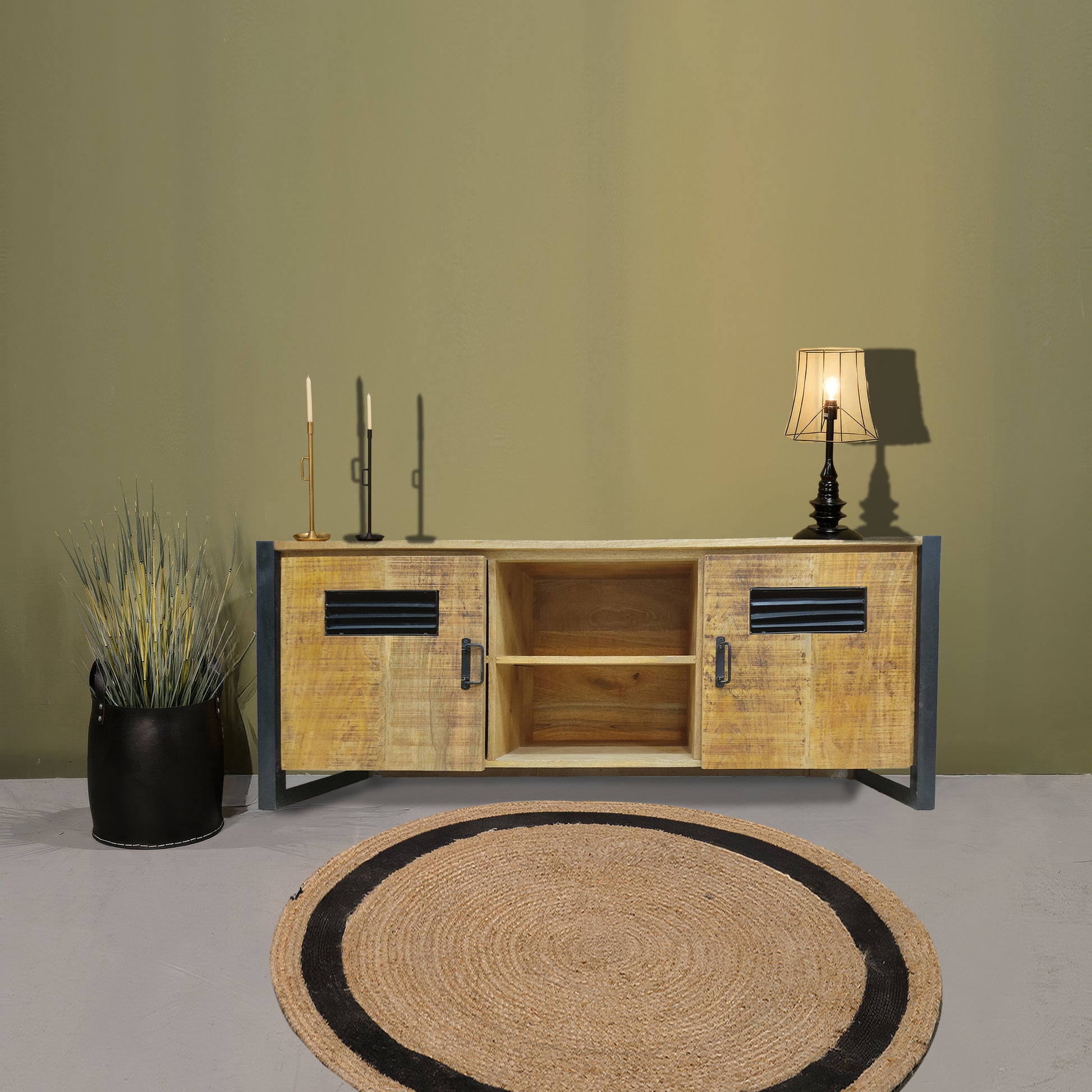 Industrial style tv console table with metal stand with 2 doors