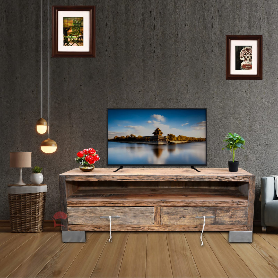 Solid Railway Sleeper Wood TV Console with 2 Drawers open design