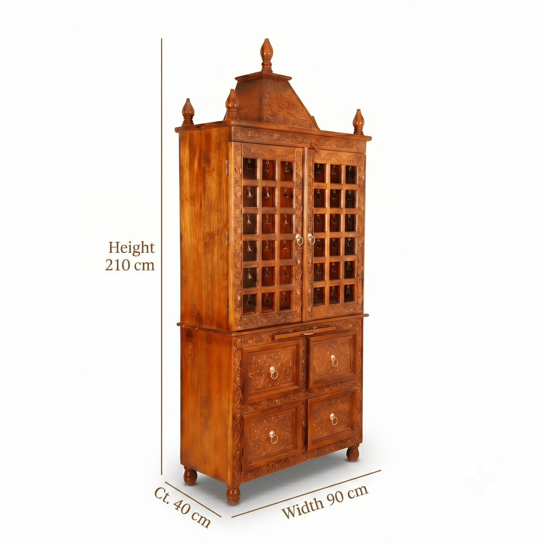 Premium Solid Solid Wood Home Temple Cabinet with Hand-Carved Jali Work doors