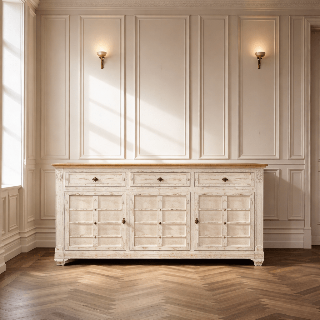 Indian solid wood sideboard with 4 doors with white rustic finish