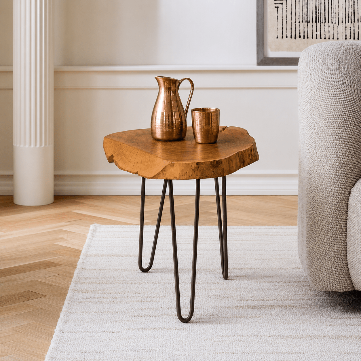 rustic wooden furniture UAE, modern wooden furniture Dubai, handcrafted furniture Abu Dhabi, premium wood side table Oman, coffee table with iron legs, side live edge with black iron legs, 