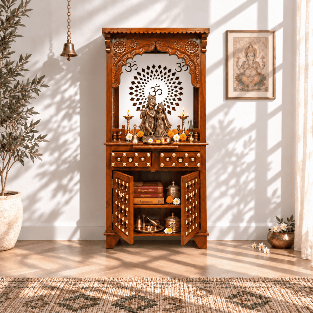 South Indian Classic Mango Wood Home Mandir with Brass Inlay Work