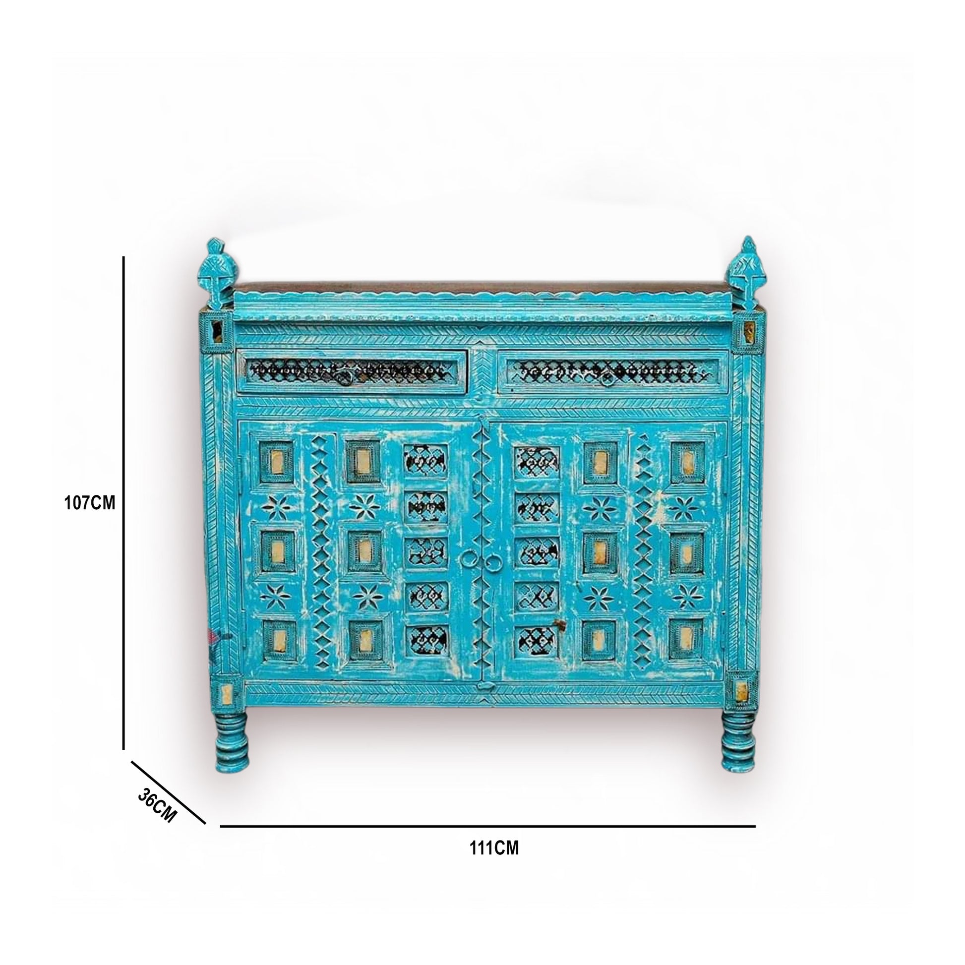 Indian hand made mango wood cabinet with 2 drawer 2 doors with blue finishing