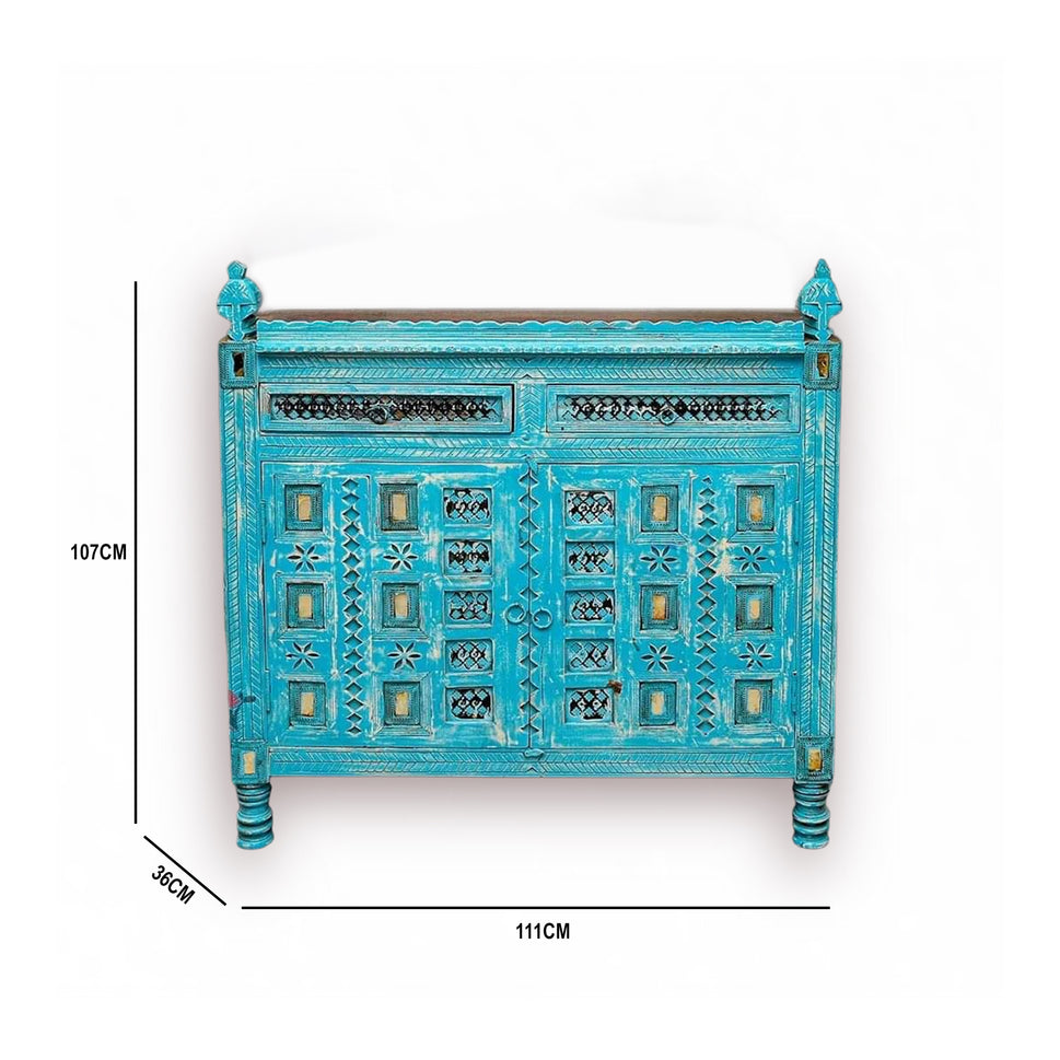 Indian hand made mango wood cabinet with 2 drawer 2 doors with blue finishing