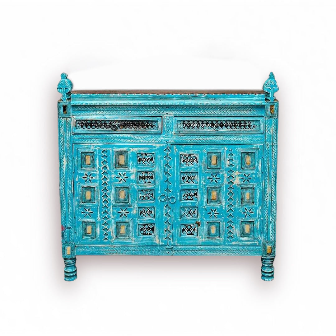 Indian hand made mango wood cabinet with 2 drawer 2 doors with blue finishing