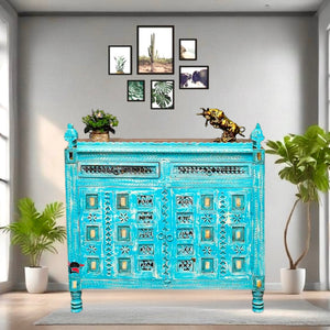 Indian hand made mango wood cabinet with 2 drawer 2 doors with blue finishing