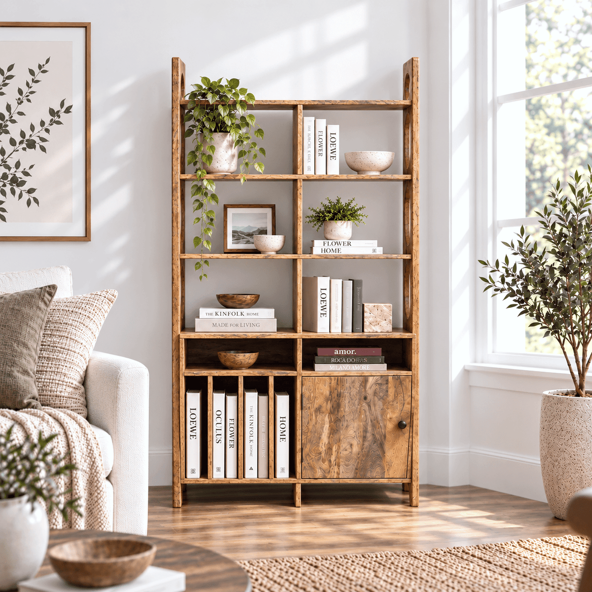 Hayat Natural Mango Wood Display Unit with Bookshelf Storage