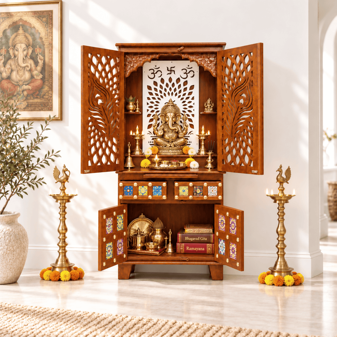 Handcrafted Mango Wood Home Temple with Carved Peacock Doors