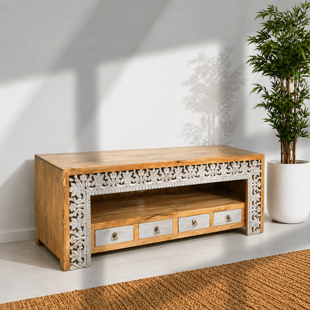 Hand carved Frame Mango Wood TV Unit with Four Drawers