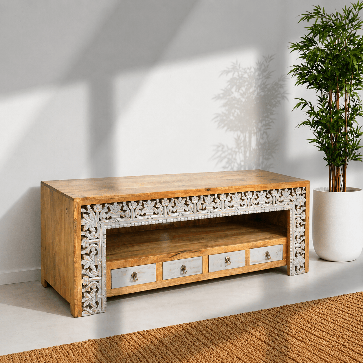 Wooden TV Console with Storage, Solid Wood TV Stand with Drawers, Natural Mango Wood TV Unit, Hardwood TV Stand, Natural Wood TV Console, Real Wood TV Cabinet, 