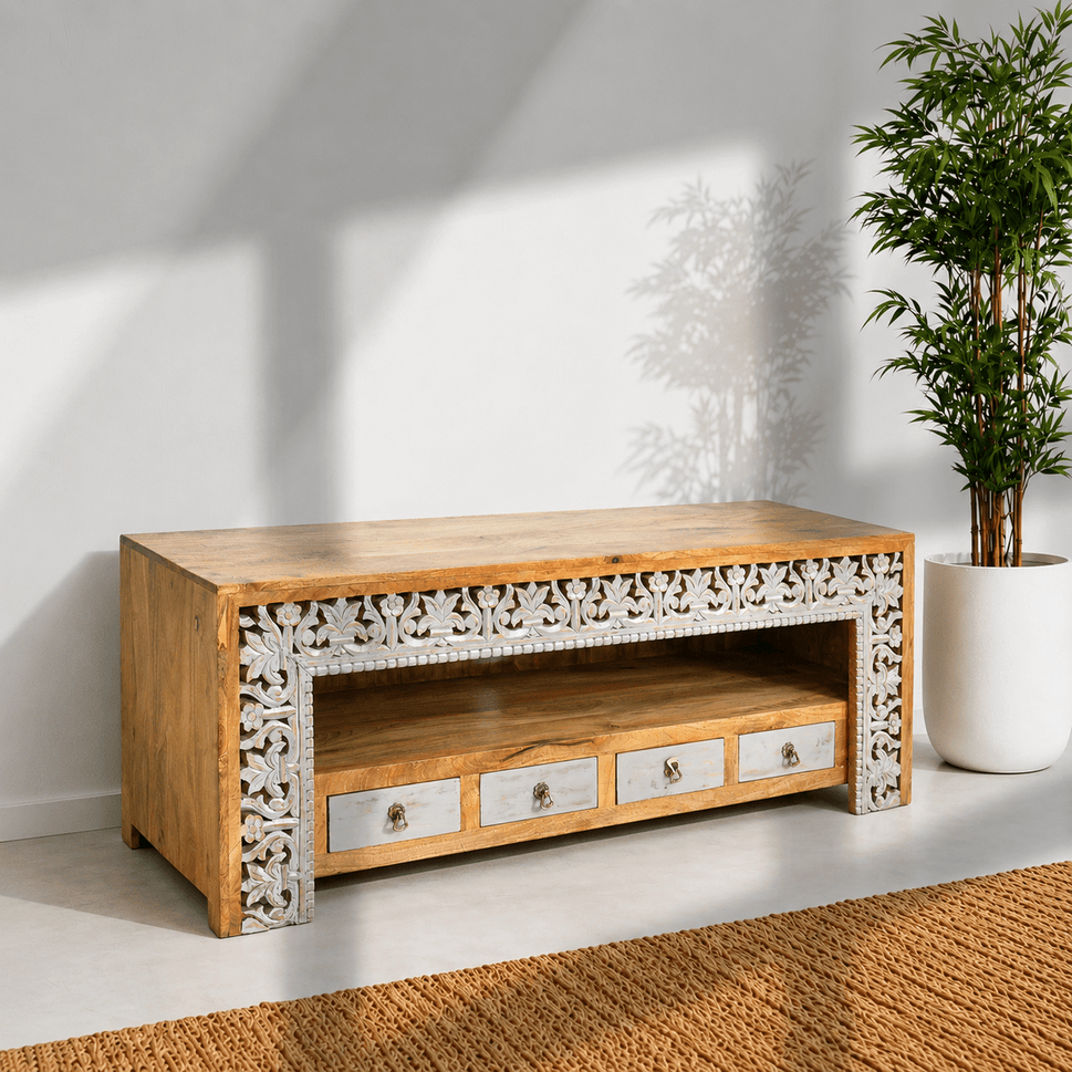 Hand carved Frame Mango Wood TV Unit with Four Drawers