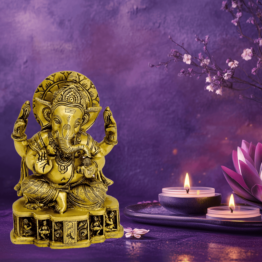 Brass Sitting Ganesha With Golden Brass With Super Fine Hand Work 9.5 Inches Tall