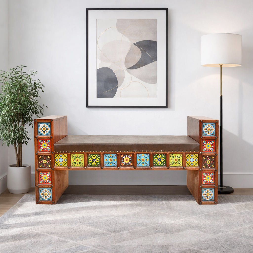 Bohemian style solid sheesham wood entryway bench