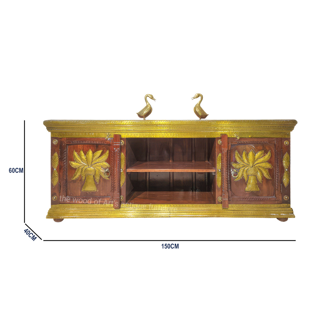 Natural Mango Wood Media Unit with Brass Inlay Work | Dubai, Abu Dhabi, Sharjah & Ajman