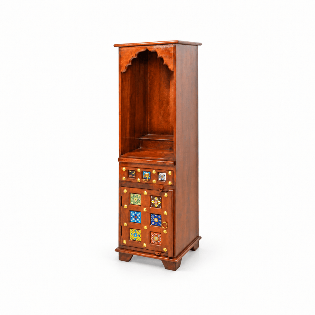 Tall and slim mango wood mandir with cupboard for home