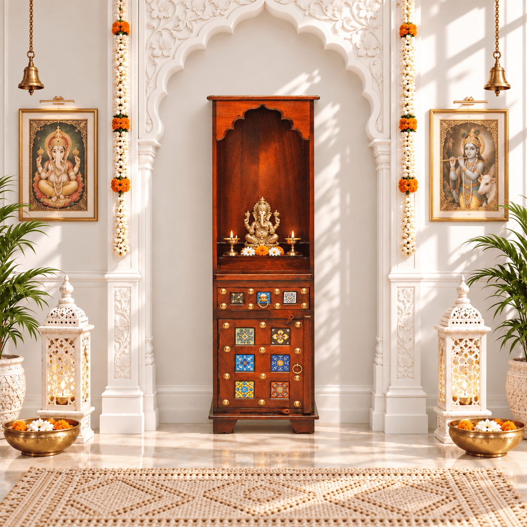 Tall and slim mango wood mandir with cupboard for home
