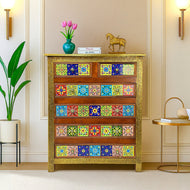 Wooden handicrafted chest of drawer with ceramics tiles | Marrakech Drawer Chest