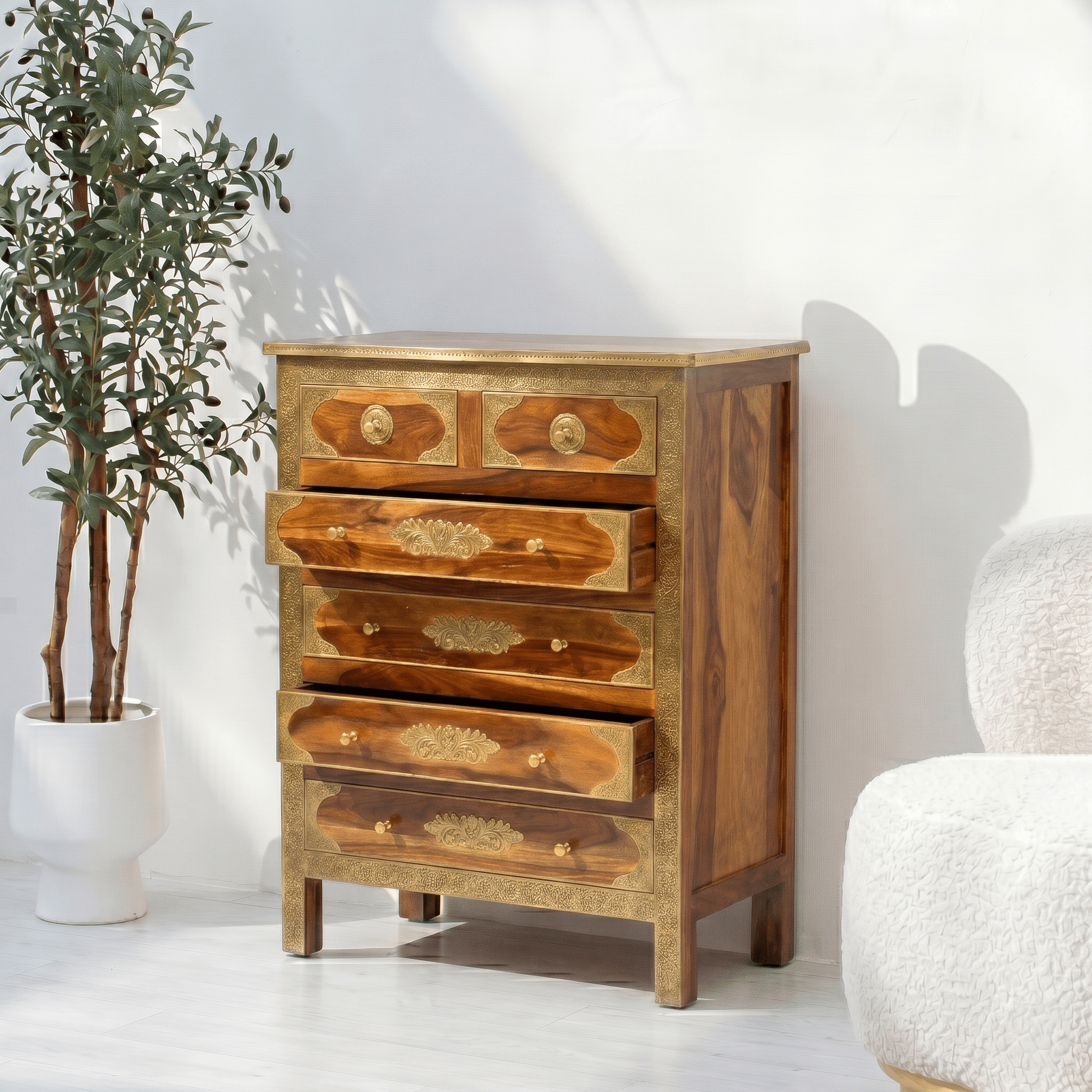 Handcrafted mango wood chest of drawers with brass embossing inlay work