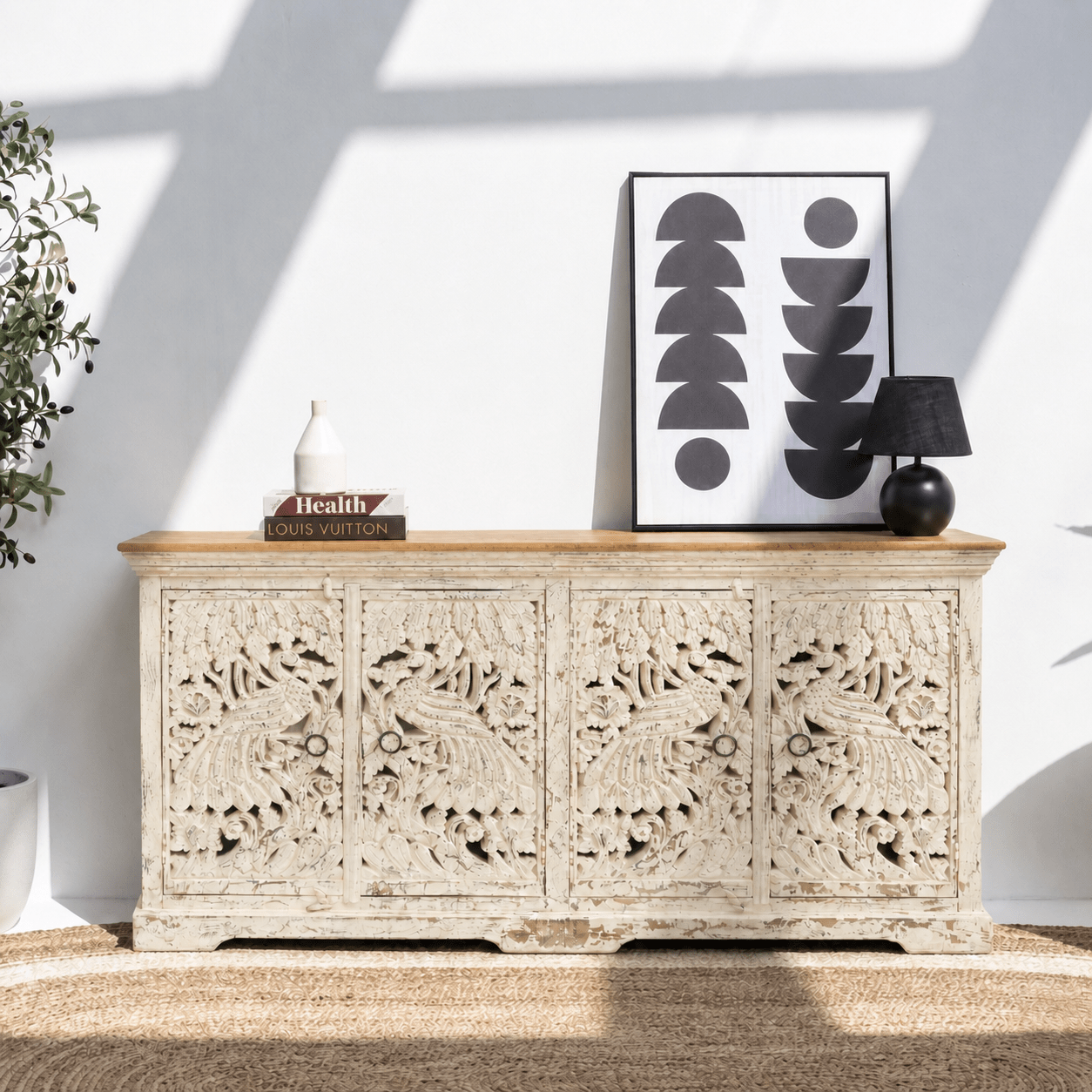 Peacock Carved Sideboard Oman, Hand Carved Cabinet UAE, Solid Wood Furniture, Wooden Storage Cabinet Qatar,Solid mango wood hand carved side cabinet unit Dubai,