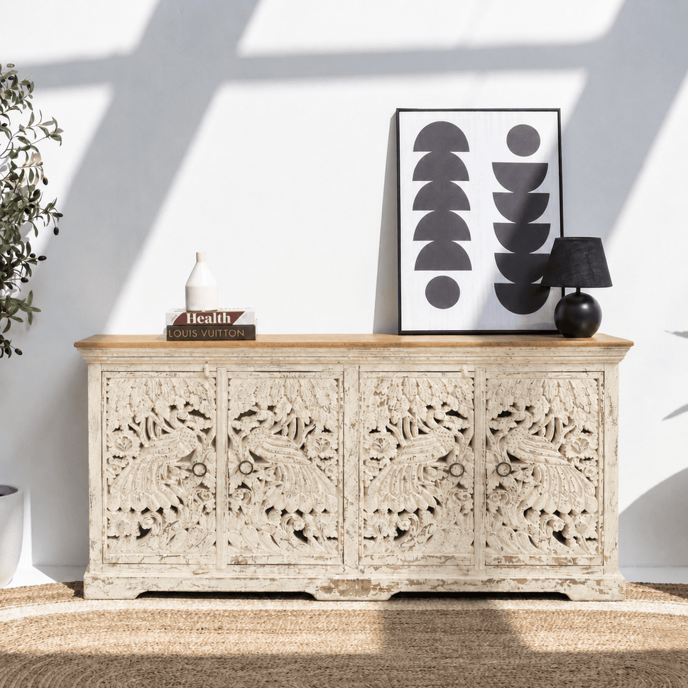 Hand carved solid wood sideboard cabinet storage for home