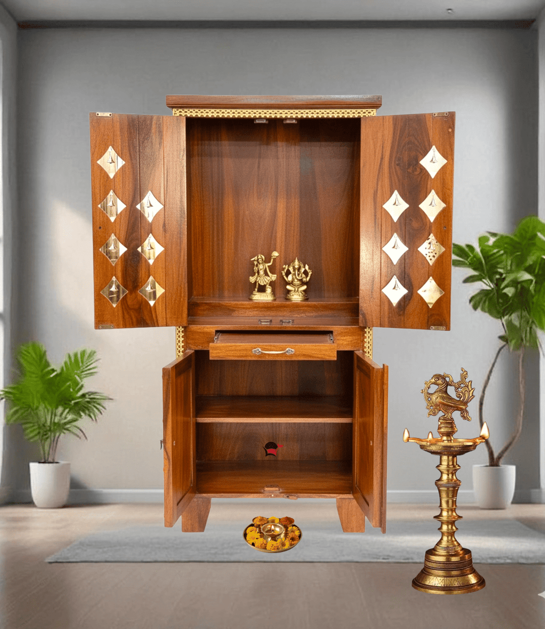 Sheesham wood home temple with natural wood finish