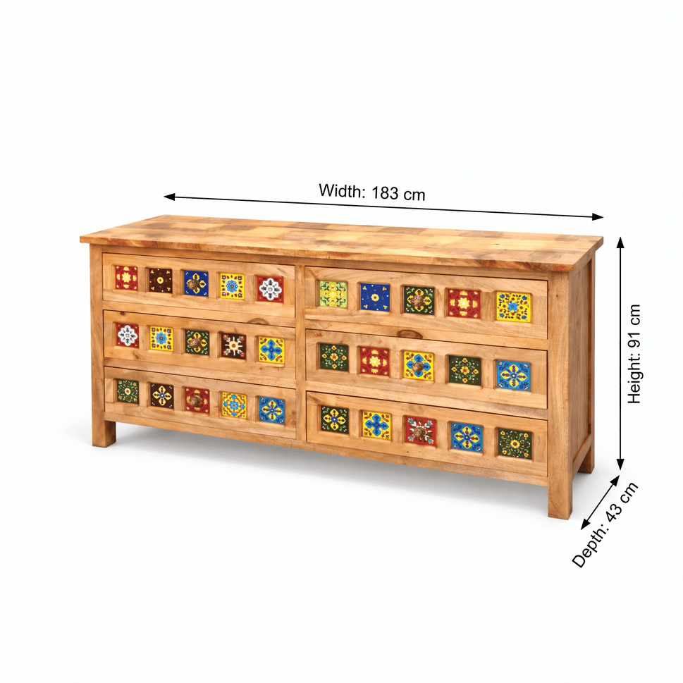 Elara Artisan Tile Solid Mango Wood Chest – 6-Drawer Storage Dresser