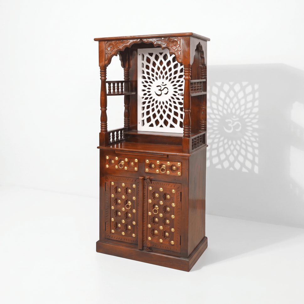 Freestanding Mango Wood Home Temple With Drawers & Cupboard