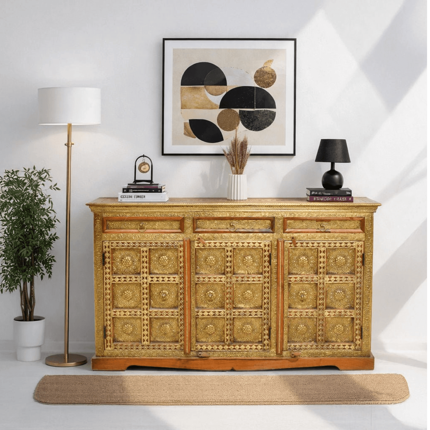 Rosewood console table Dubai,Antique brass inlay furniture UAE,Solid wood buffet cabinet Qatar,Luxury wooden console Oman,