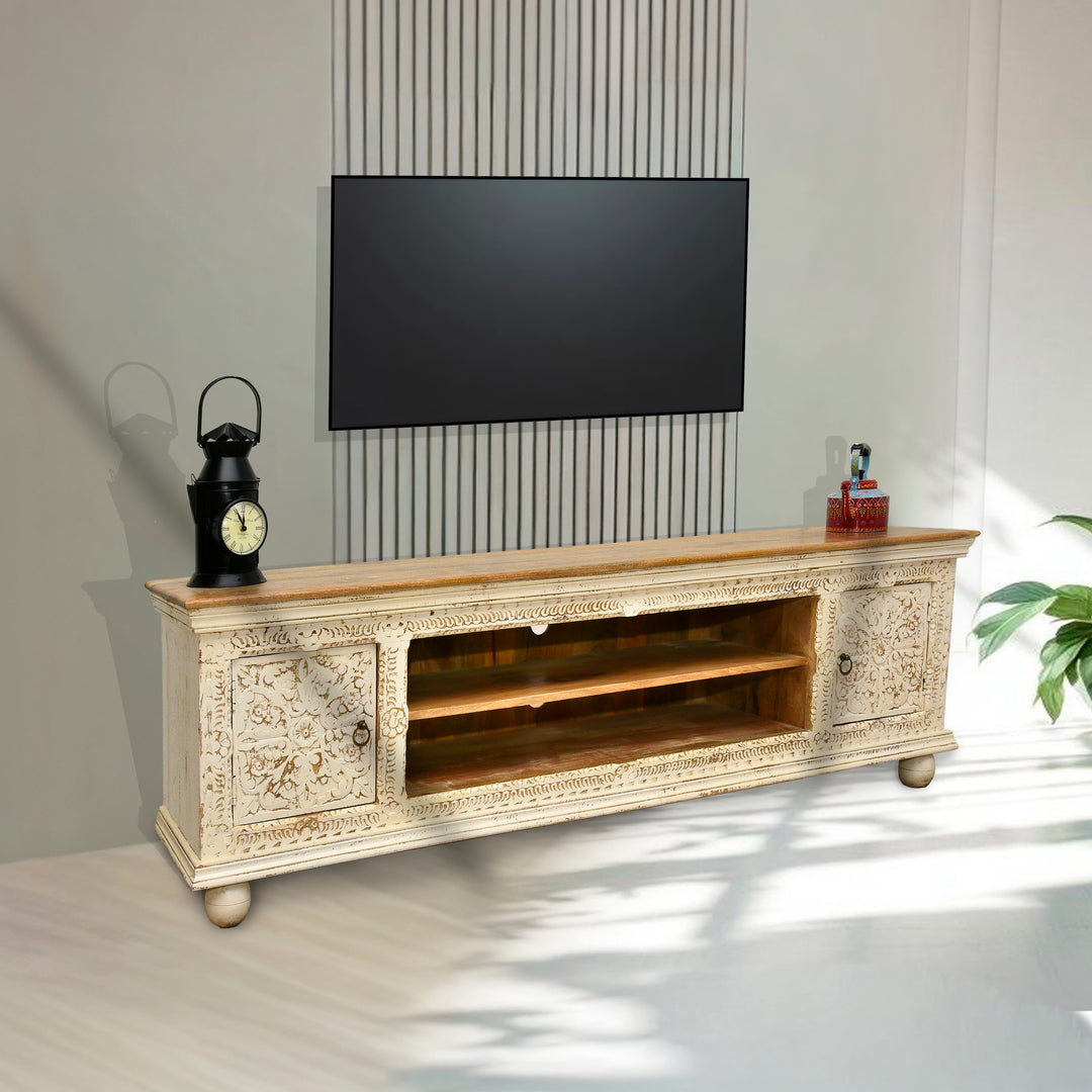 Low carved wooden TV console table with rustic white finish