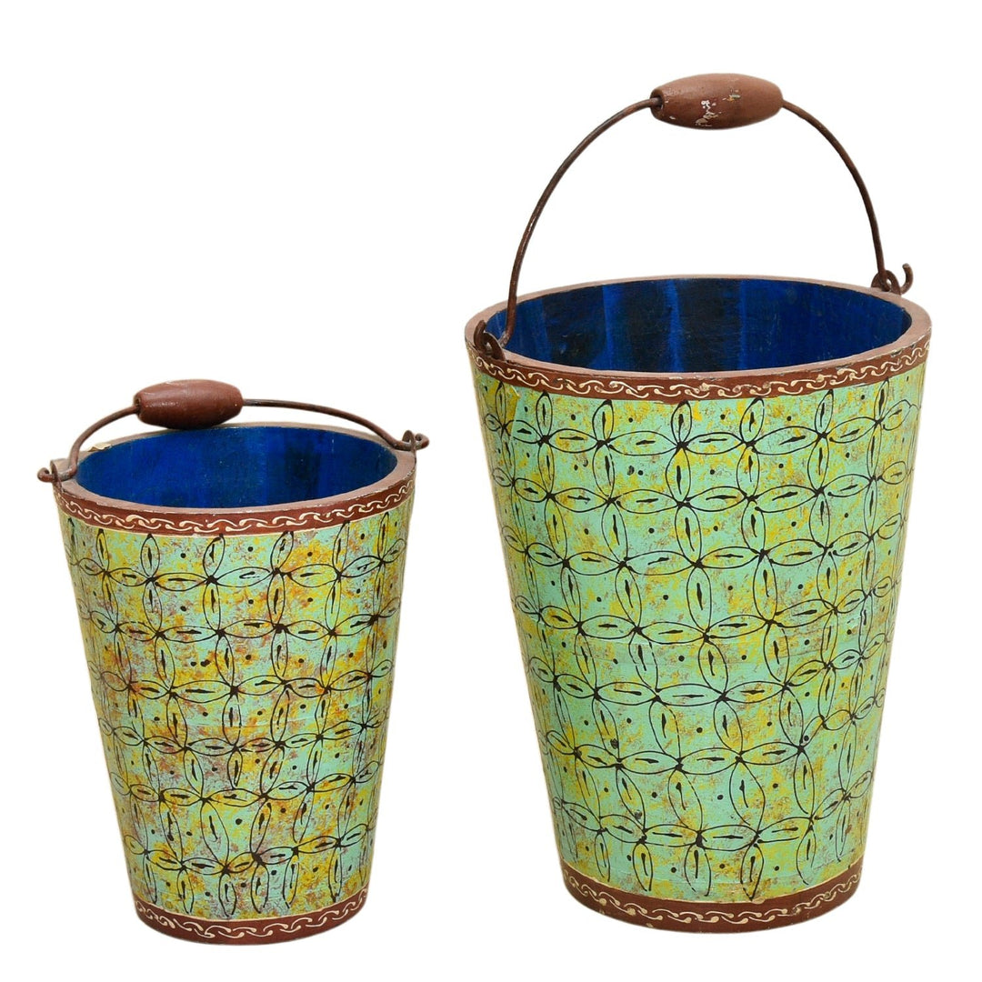 Solid Hardwood Bucket – 2 Pieces Set with Hand Painted Design