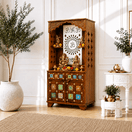 Switch luxury handcrafted wooden mandir with decorative tile inlay, heritage solid wood prayer cabinet with artistic ceramic tiles,  2 image