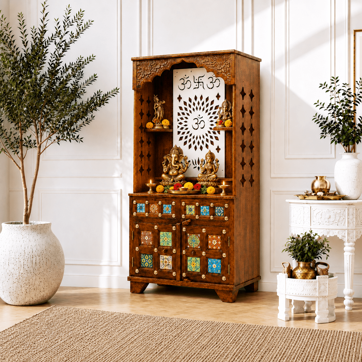 luxury handcrafted wooden mandir with decorative tile inlay, heritage solid wood prayer cabinet with artistic ceramic tiles, 
