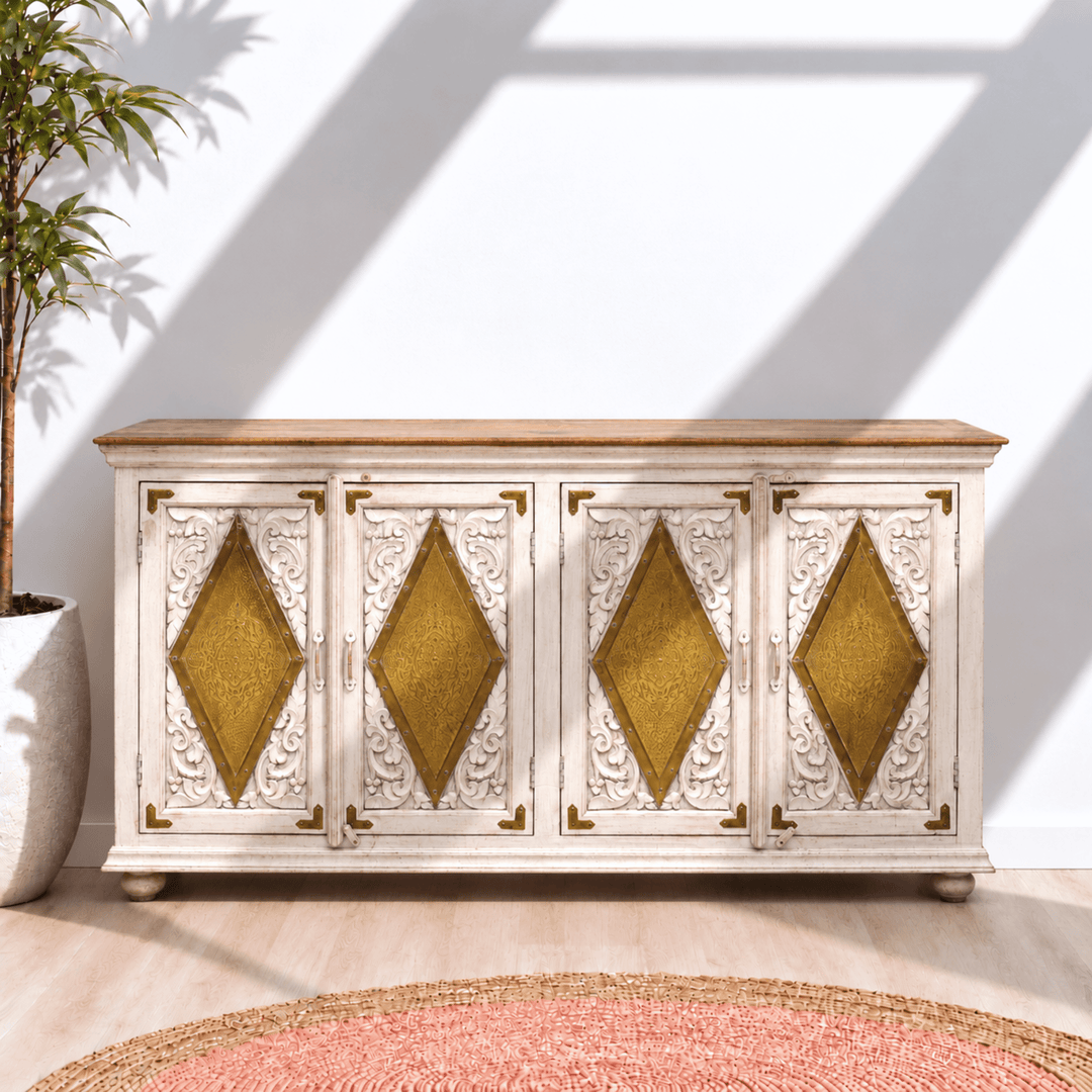 Aurelia Haveli Hand-Carved Solid Mango Wood Sideboard with Brass Inlay