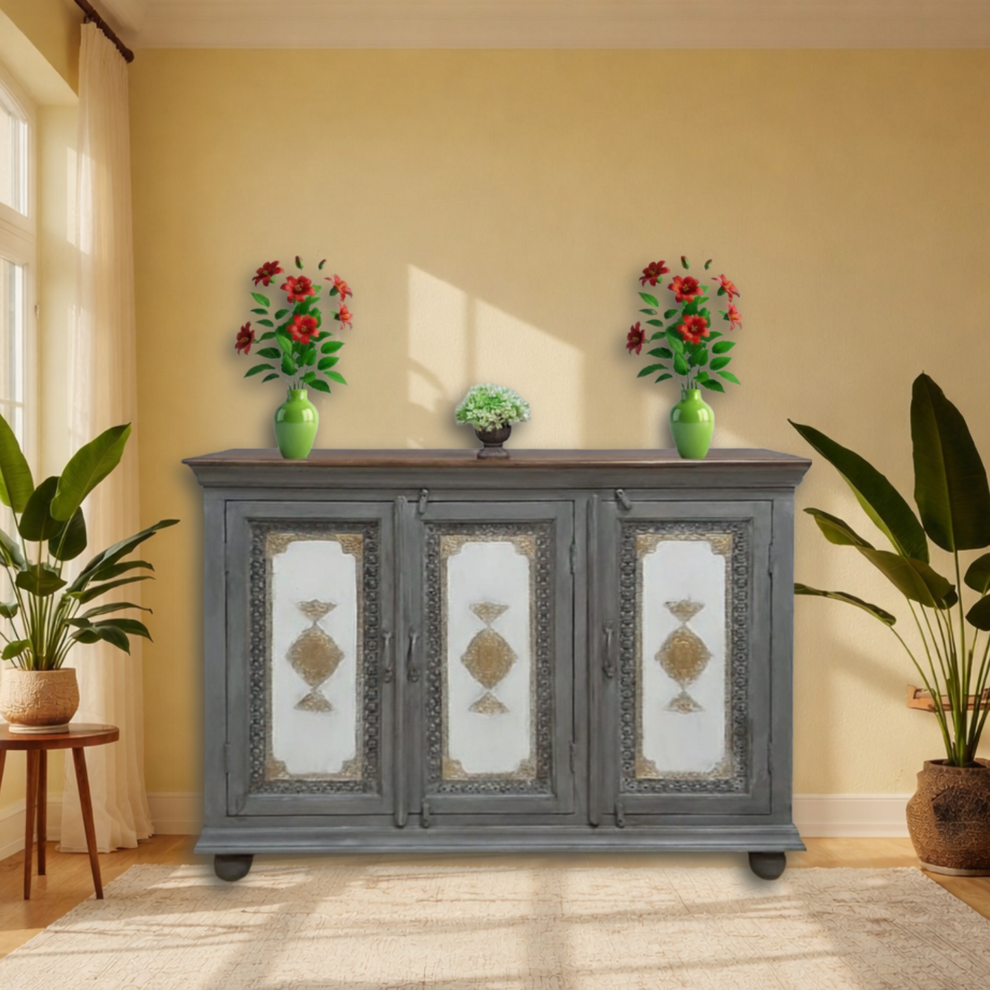  Indian Handmade Wooden Storage Cabinet, Premium Mango Wood Furniture UAE, Golden Carved Panel Sideboard, 