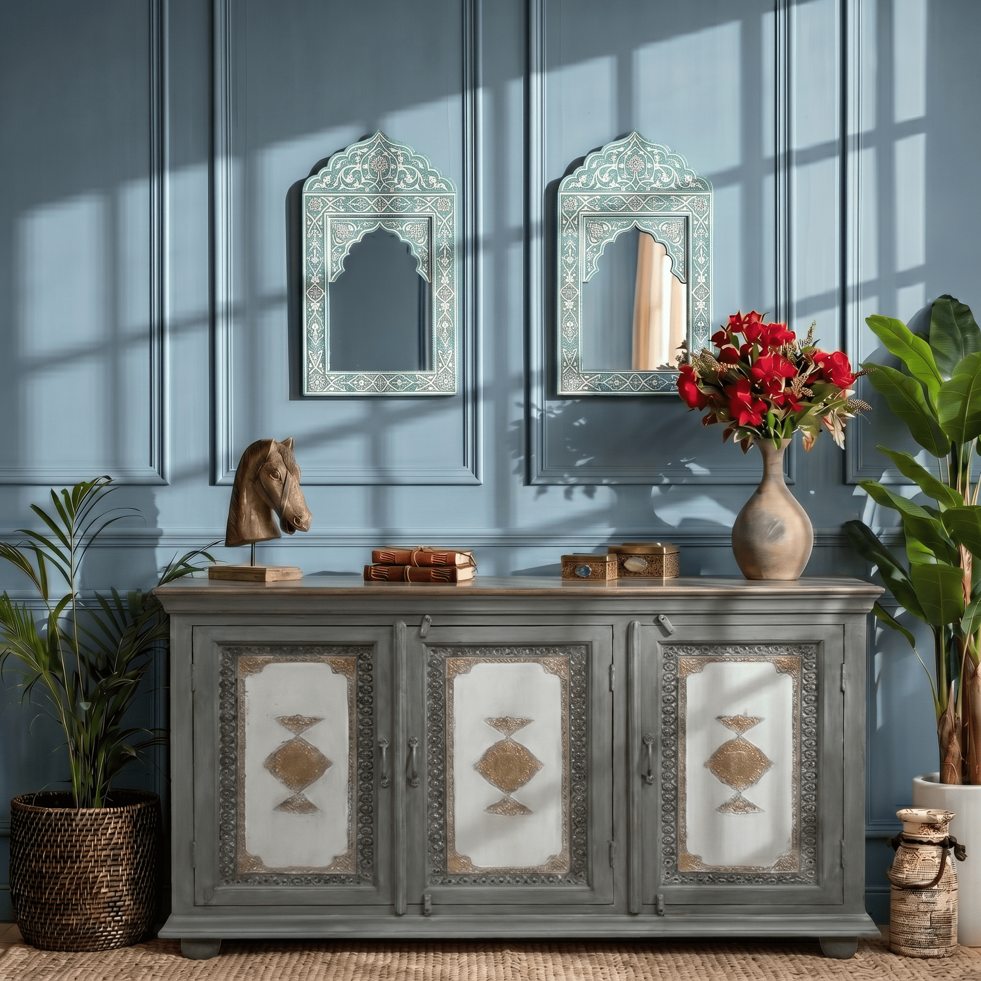 Solid wood sideboard with rustic finish with 3 storage box
