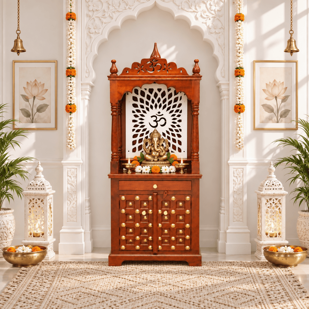 Mango Wood Hindu Prayer Temple with Drawer