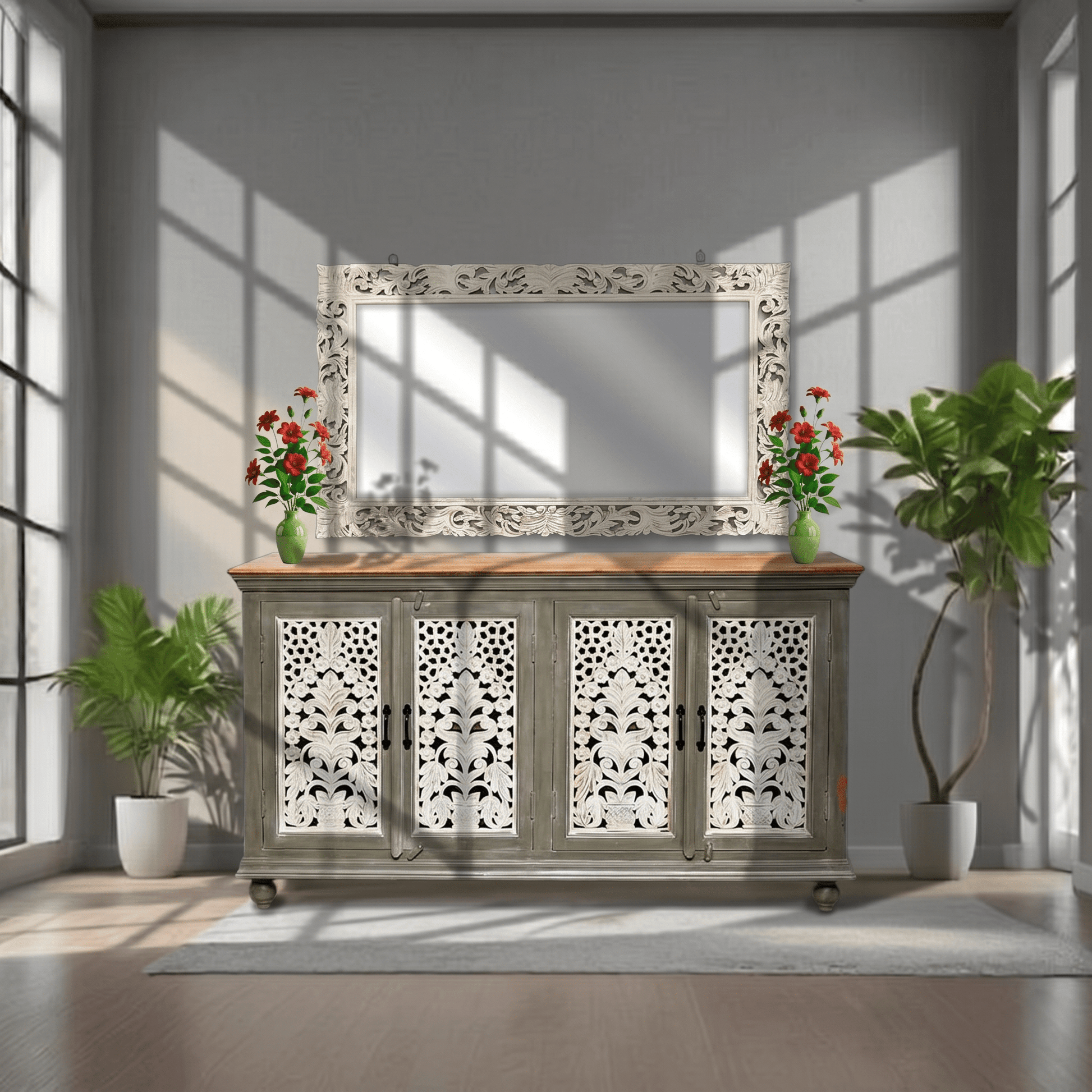 Hand carved mango wood dining room credenza style sideboard with 4 doors & mirror frame