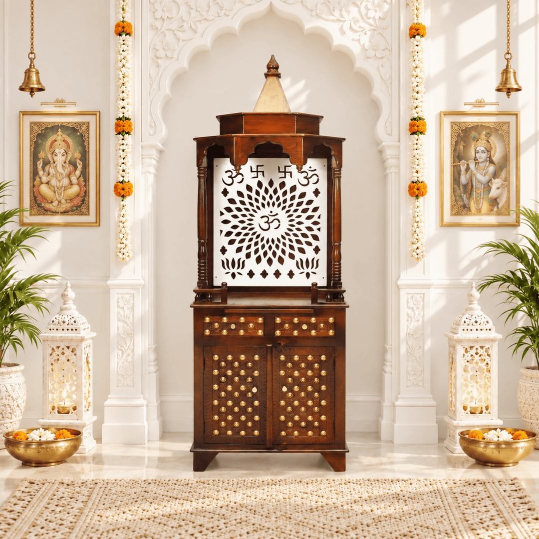 Premium Mango Wood Brass Ornament Work Temple