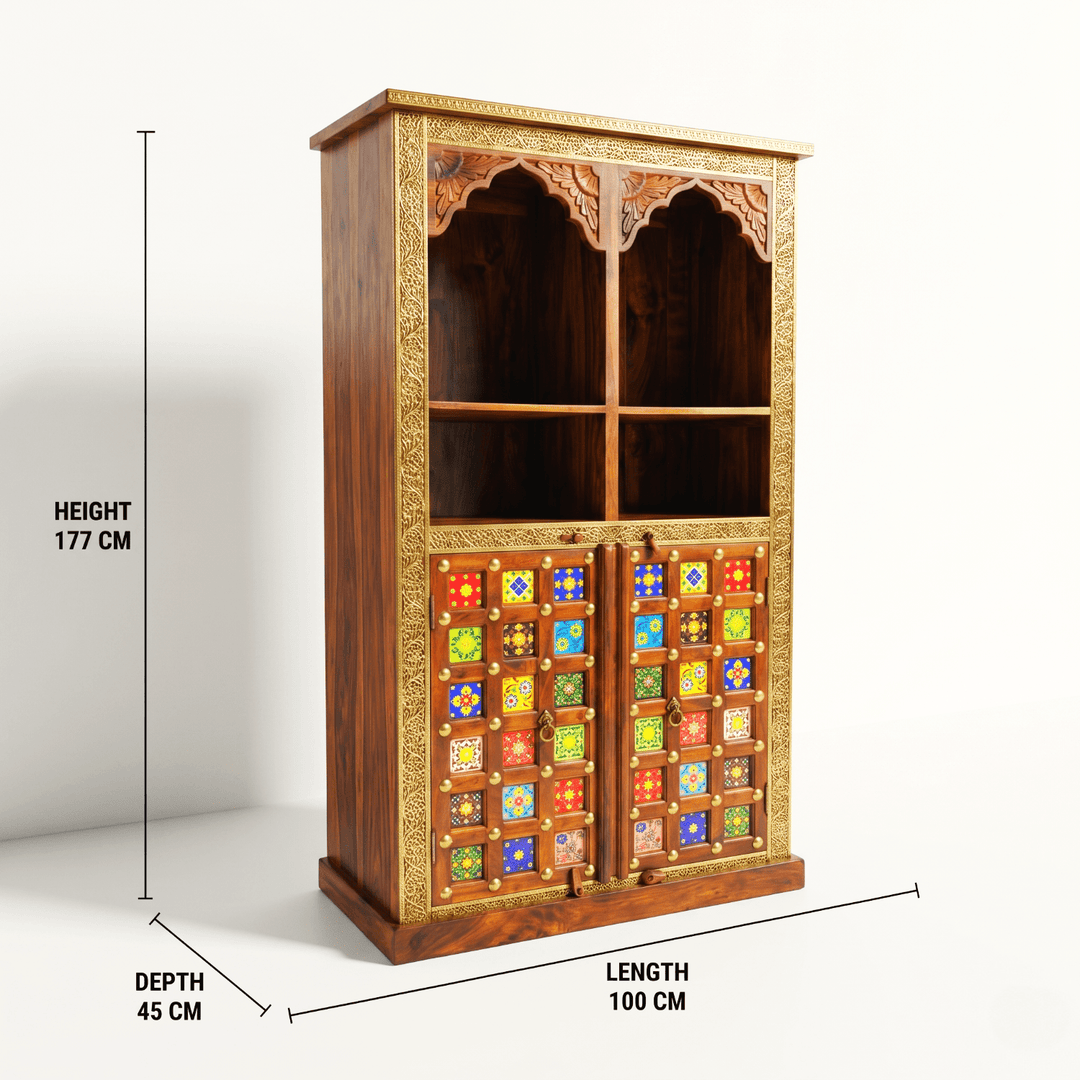 Solid wood ceramics tile fitted bookshelf with natural wood finish