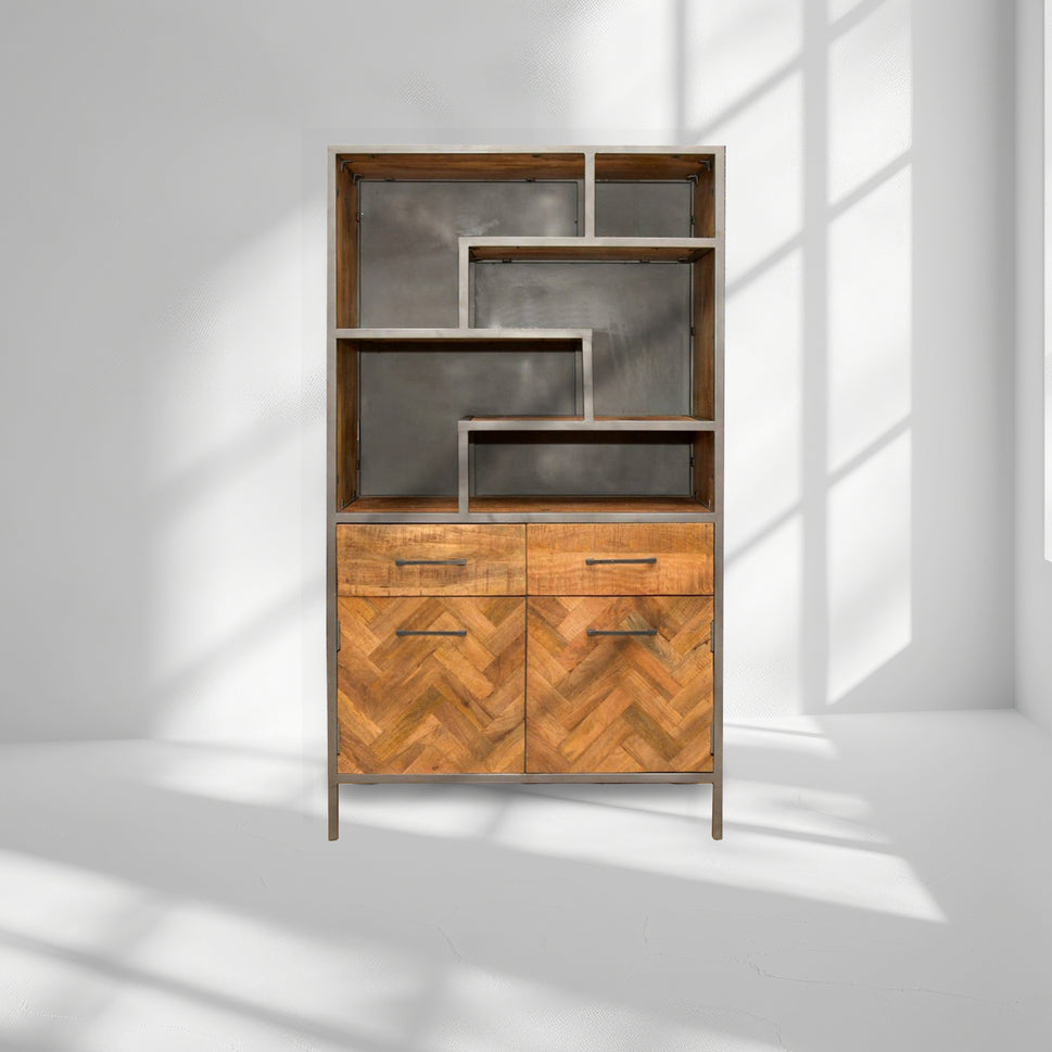 Wooden & metal display shelf with 2 drawer with 2 doors cabinet