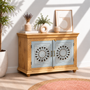 Switch  Indian organic mango wood sideboard, handmade wooden sideboard, hand-carved mango wood cabinet, floral carved sideboard,  2 image