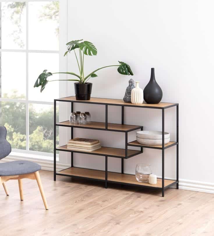 Industrial hardwood console table with open display shelves | Dubai