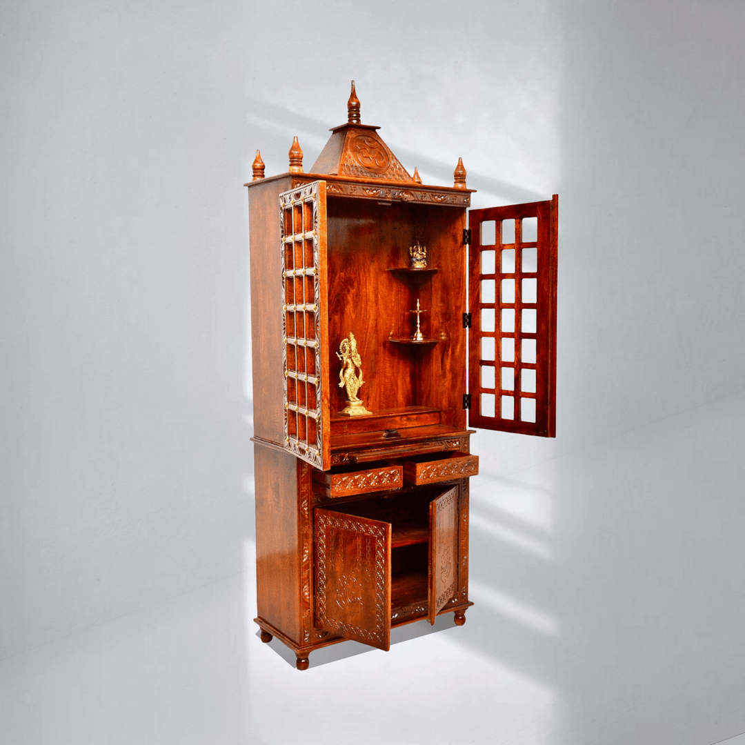Hand made mango wood home temple with door in cut work