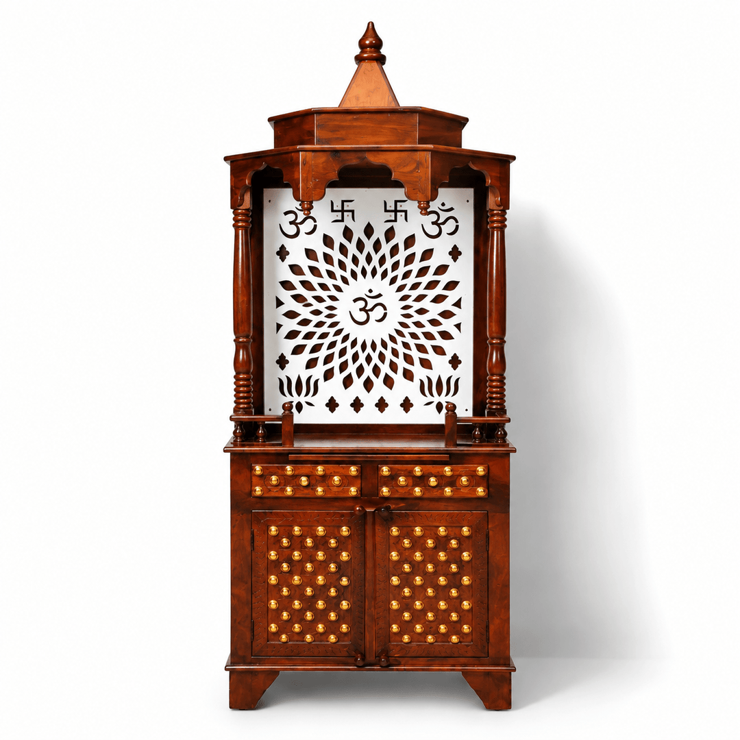 Premium Mango Wood Brass Ornament Work Temple