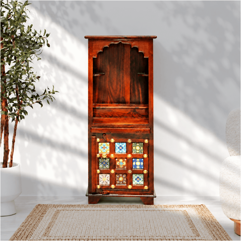 Tall and slim mango wood mandir with cupboard for homeW50 x D35 x H125 cm