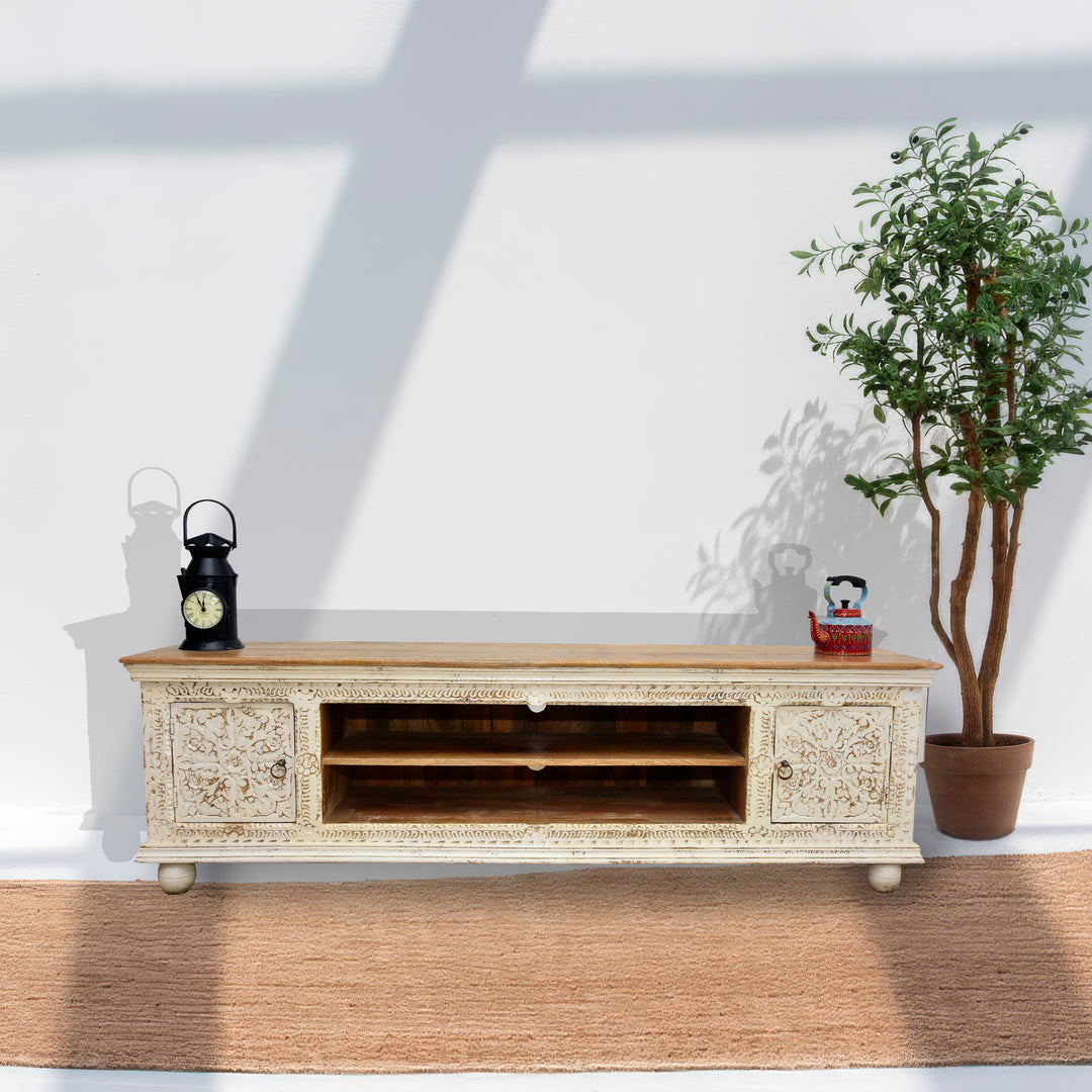 Low carved wooden TV console table with rustic white finish