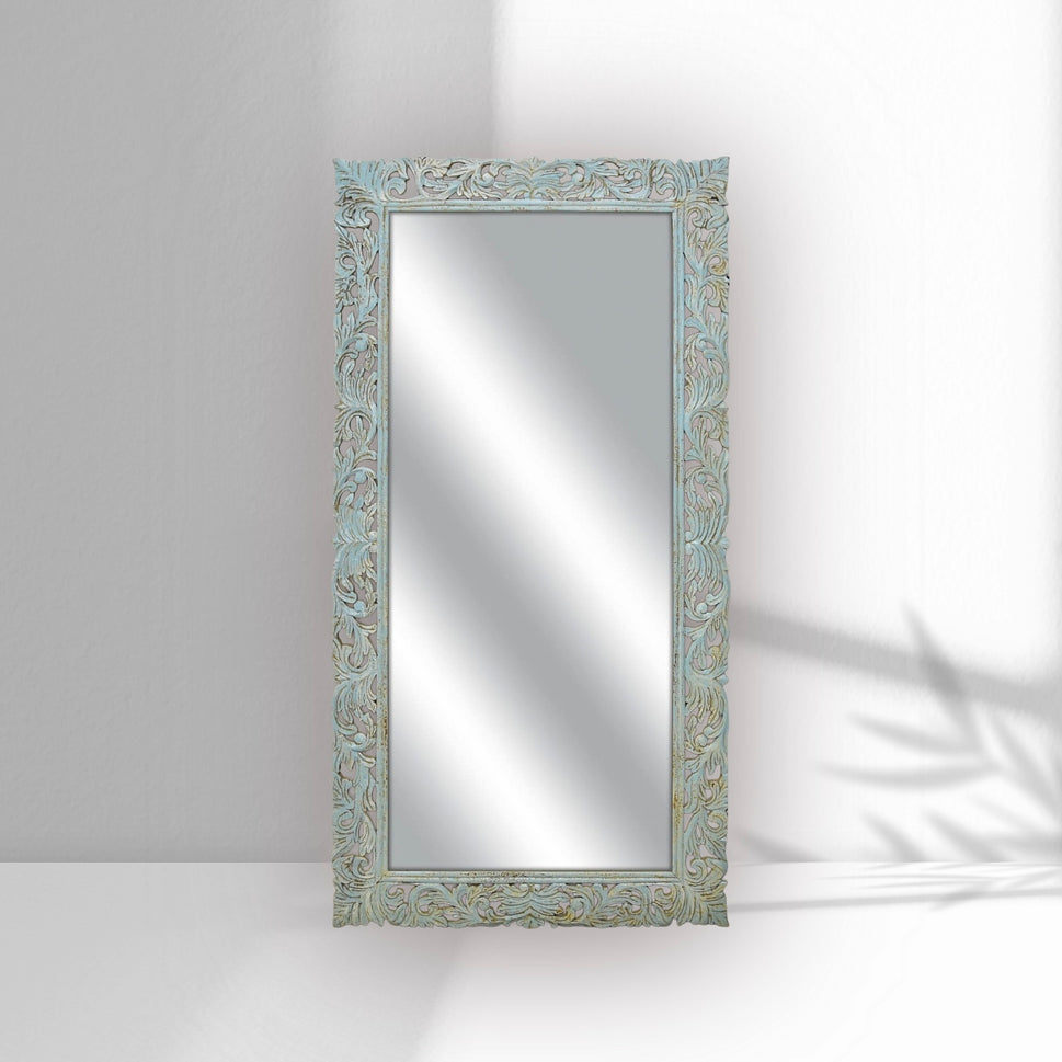 Florina Leaner Solid Mango Wood Mirror Frame – Rustic Blue Finish | UAE